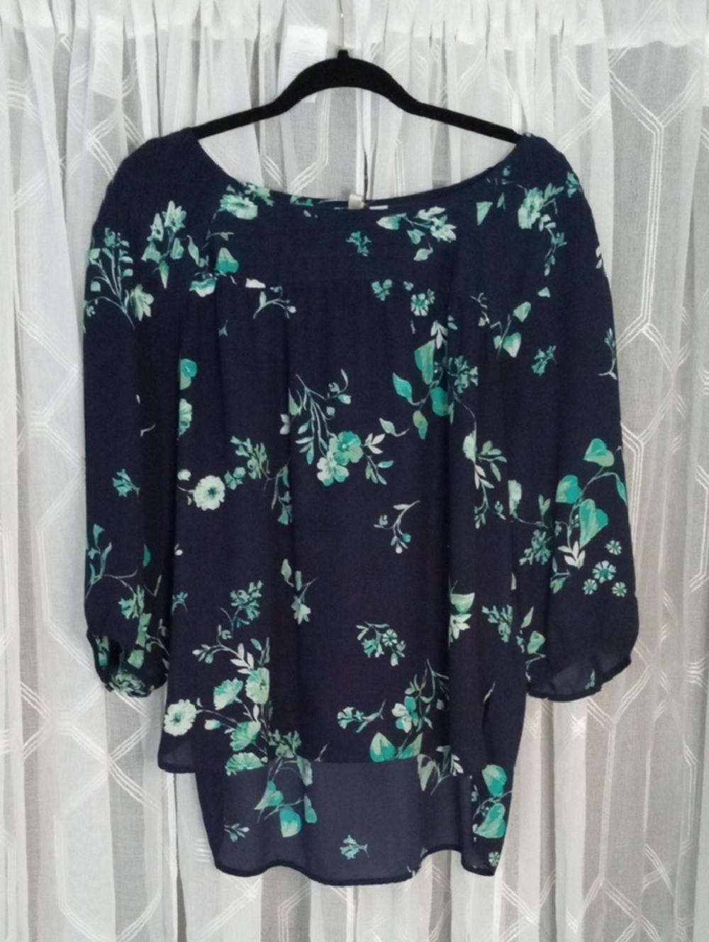 LC Lauren Conrad Navy Floral Peasant Blouse - Teal Floral Size L